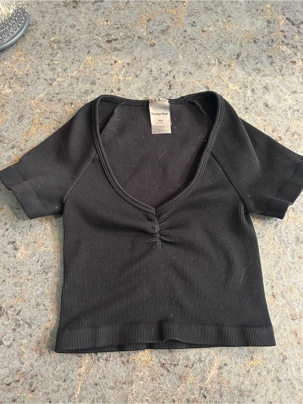Sunday Best Black Ribbed V-Neck Crop Top with Front Ruching